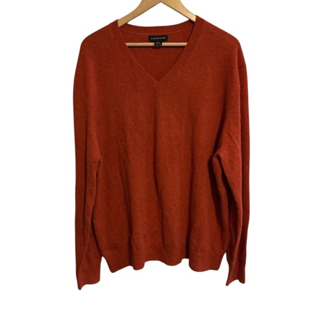 Lands End Men's XL Preppy Cashmere Rust Orange V-neck Sweater Ultrasoft Classic